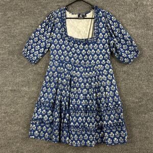 Madison Mathews Dress Large Blue Floral Square Neck Puff Boho Vacation Resort
